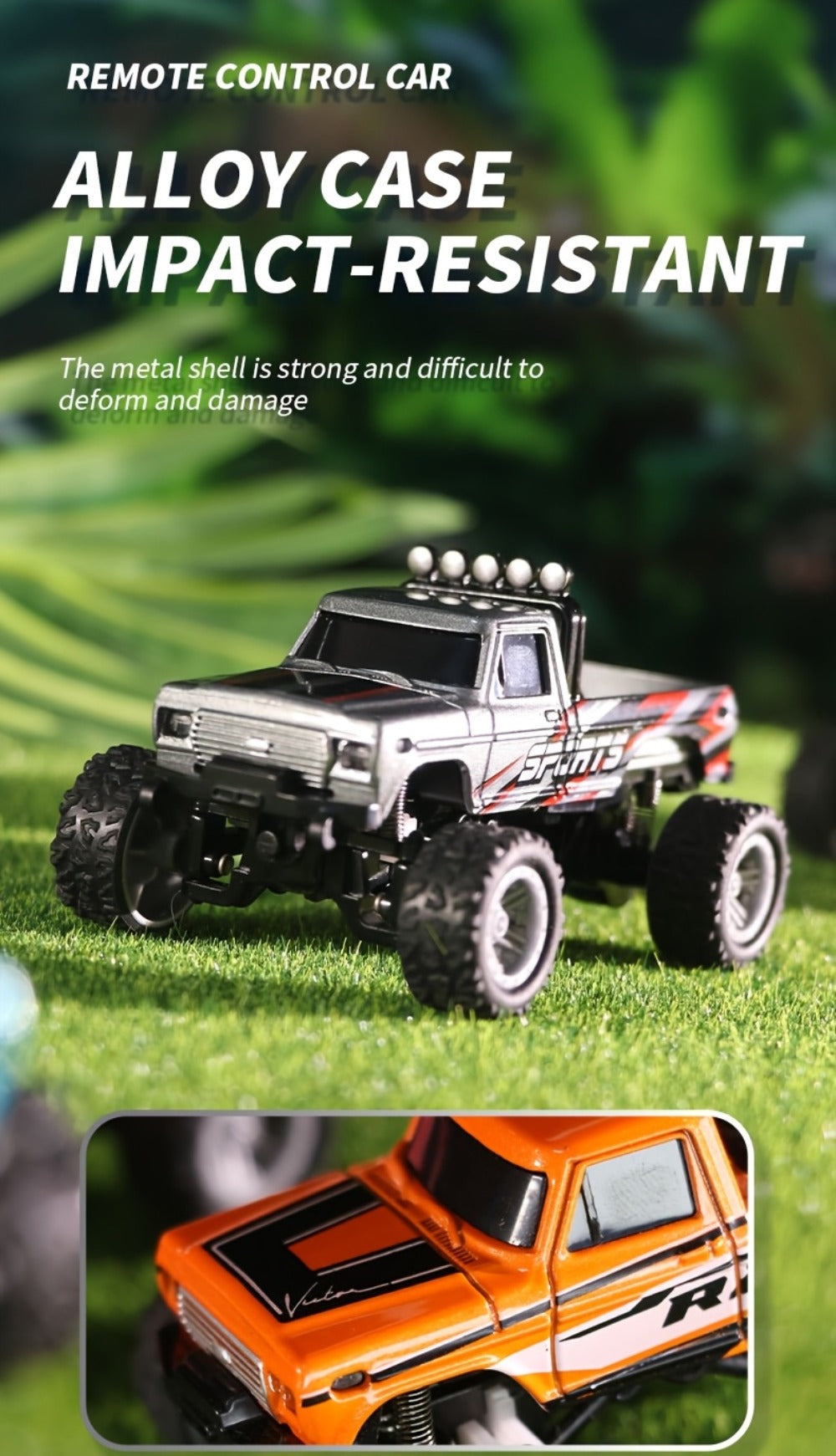 Mini RC Truck 1:64 Scale with Trailer – 2.4GHz Alloy Remote Control Monster Off-Road Pickup with LED Body Lights & Headlights, Rock Crawler Toy for Boys, Birthday Christmas Gift Green Gray Blue