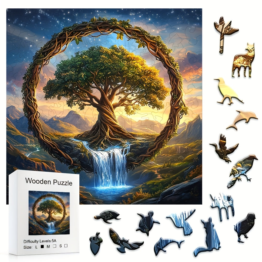 501-Piece Wooden Jigsaw Puzzle Tree of the Universe – Unique Irregular Shaped Pieces, Wood Storage Box, Cosmic Animals & Aliens Art, Brain Teaser Game, Educational Gift for Adults Teens, Christmas Halloween Birthday