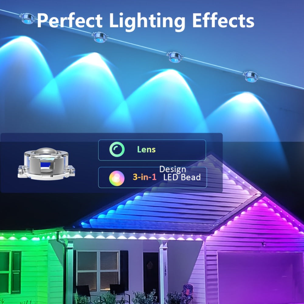 Permanent Outdoor Lights RGB LED Eave Lights with App & Remote Control, IP67 Waterproof, Music Sync, Timer, Triangular Lens Effect, for Christmas Halloween Holiday Everyday Accent Lighting – 15ft to 500ft