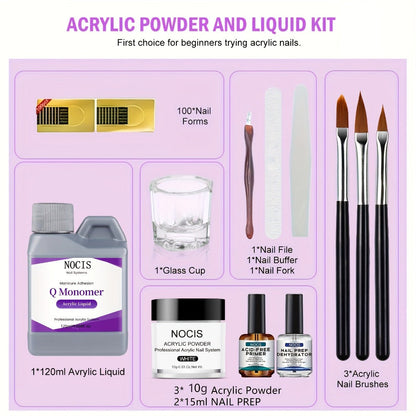Odorless Acrylic Nail Powder Kit 3 Crystal Colors 10g with Monomer Liquid Nail Brush Forms & Dappen Dish – Complete Beginner Salon Manicure Gift Set for Nail Extensions