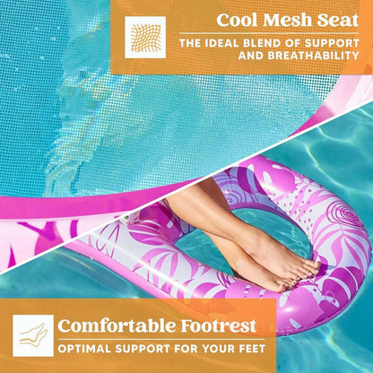 Recliner Pool Float Lounger for Adults – Inflatable Zero-Gravity Floating Chair with Cup Holders, Mesh Seat & Foot Rest, Pink Tropical Leaf Design, Summer Pool Party Water Toy