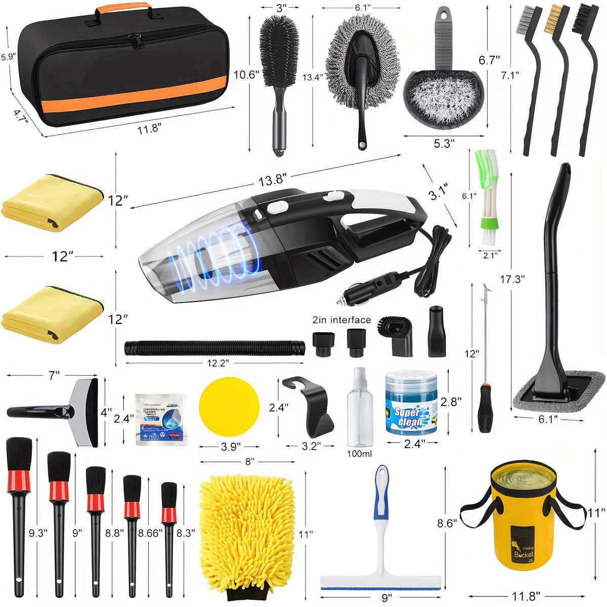 19pcs/41pcs Car Cleaning Wash Interior Detailing Cleaner with High Power Handheld Vacuum, Collapsible Bucket, Windshield Tool, Clean Snow Shovel, Tire Brush, Complete Car Care Tools