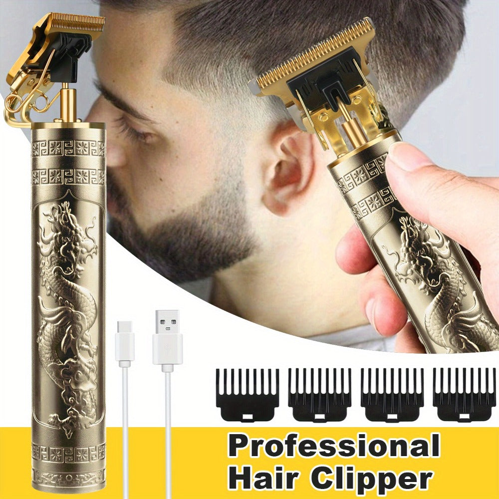 T-Blade Hair Trimmer for Men - Retro Electric Clipper, USB Rechargeable 1000mAh, 240-Min Runtime, 4 Guide Combs, Dragon & Buddha Designs, Black Bronze Blue Purple
