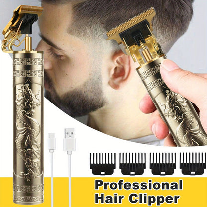 T-Blade Hair Trimmer for Men - Retro Electric Clipper, USB Rechargeable 1000mAh, 240-Min Runtime, 4 Guide Combs, Dragon & Buddha Designs, Black Bronze Blue Purple