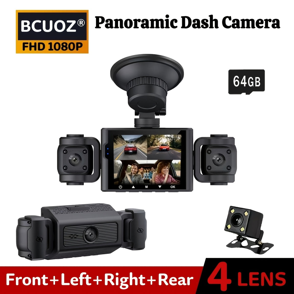 BCUOZ 360° Panoramic 4-Channel 1080P HD Ultimate Safety Dash Cam Kit, 1080P Front And 720P Rear/Left/Right Full Coverage, Four Views Displayed Simultaneously, IR HD Night Vision, WDR, G-Sensor, Loop Recording - Auto Parts/Car Dashboard Camera/Safety