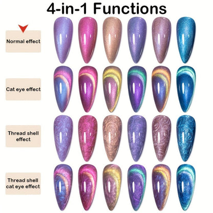 Cat Eye Gel Nail Polish Set 6Pcs 9D Aurora Magnetic Glitter Pearl Shell Effect – Soak-Off Semi-Permanent UV LED Gel Varnish Nail Art Kit for Home Salon Manicure Gift for Women