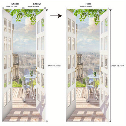 Door Sticker Balcony Scenery Wall Mural – Removable Waterproof Peel & Stick Large Wall Art for Bedroom & Living Room, Faux Window View Home Decor, 35.43 x 78.74 Inches