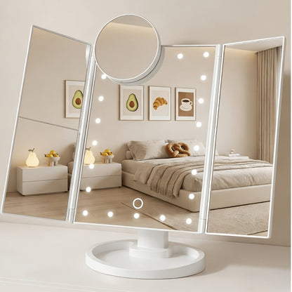 Vanity Mirror with Lights Tri-Fold 21 LED Lighted Makeup Mirror Touch Control 1X 2X 3X 10X Magnification 360 Rotation Dual Power Tabletop Trifold Mirror for Women Gift White Rose Gold