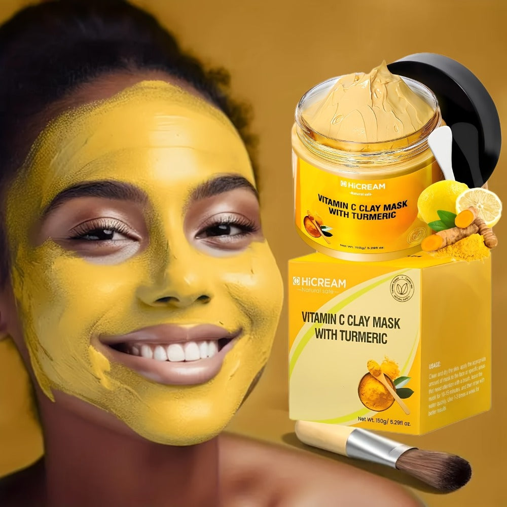 Vitamin C & Turmeric Clay Face Mask 5.29oz / 150g — Deep Cleansing Brightening Mud Mask Aloe Vera Calendula Low-Allergenic Dark Spot Corrector Pore Tightening All Skin Types Women