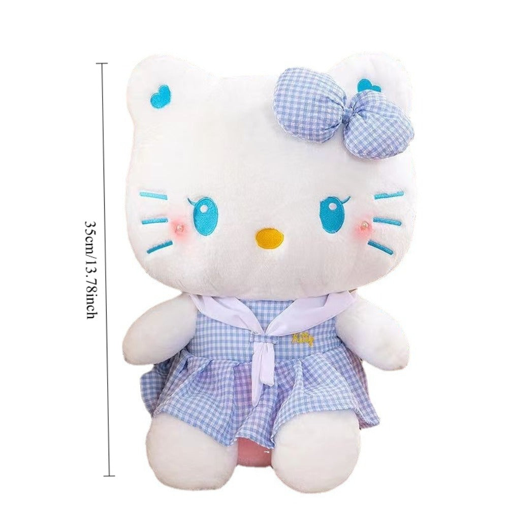 Hello Kitty Dress Up Plush 13.78 Inch — Sanrio Licensed KT Cat Stuffed Doll in Plaid Outfit, Oversized Kawaii Cuddle Pillow & Room Decor Gift for Girls Teens Pink Blue
