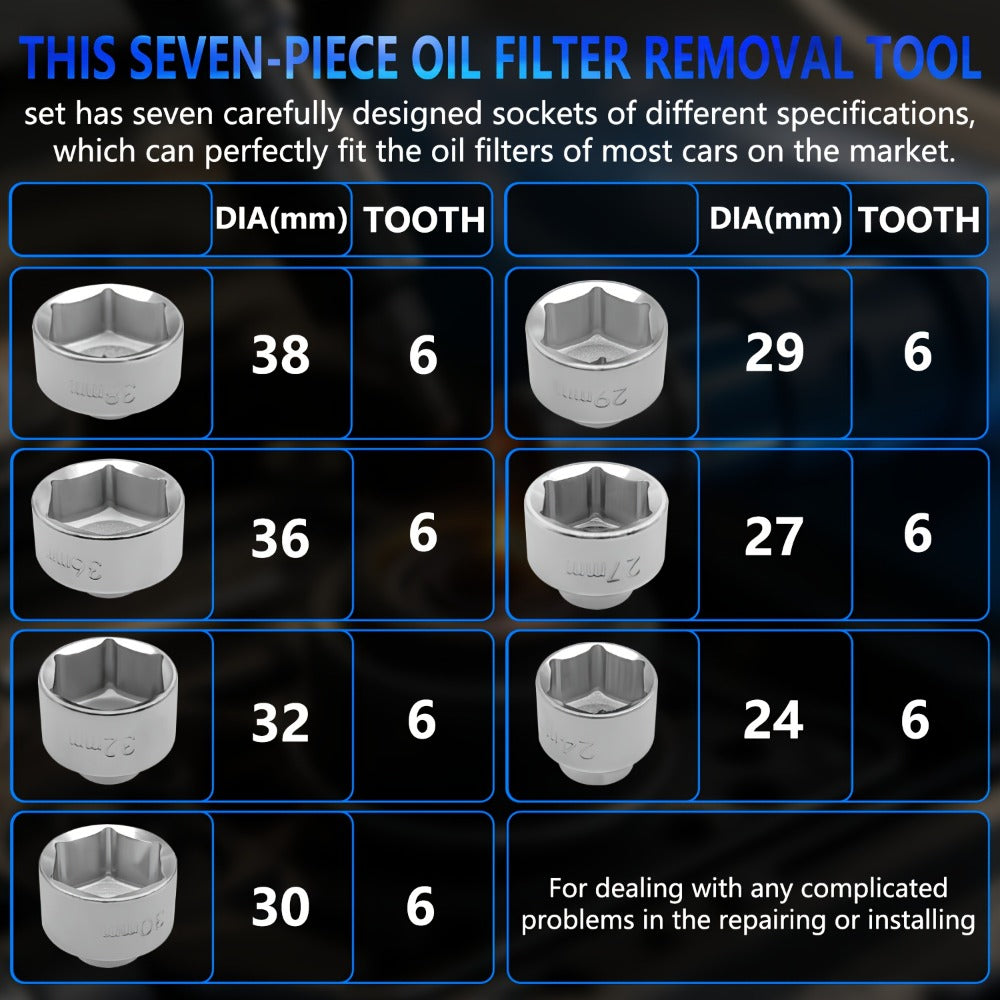 7-Piece Oil Filter Wrench Socket Set – CR-V Steel Hexagonal Cap Wrenches 24mm to 38mm, 3/8-Inch Drive, Universal Fit for Car Oil Filter Removal & Replacement
