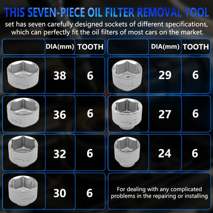 7-Piece Oil Filter Wrench Socket Set – CR-V Steel Hexagonal Cap Wrenches 24mm to 38mm, 3/8-Inch Drive, Universal Fit for Car Oil Filter Removal & Replacement