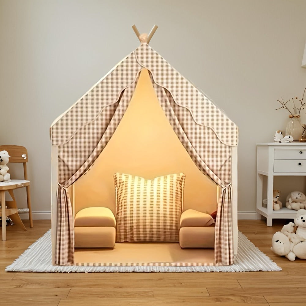 Kids Play Tent Cabin Style for Indoor Outdoor – Checked Polyester Playhouse for Toddlers Ages 2-6, Imaginative Role Play Pretend House | Best Birthday & Holiday Gift for Boys and Girls