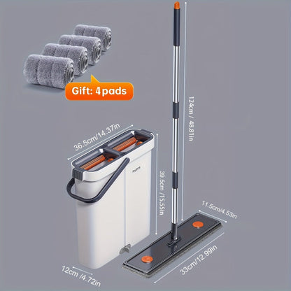 Flat Mop and Bucket System with Washable Reusable Microfiber Pads Dual Bucket Wringer Wet Dry Floor Mop for Hardwood Tile Marble Wall Cleaning Stainless Steel Handle 12.99in or 15.74in Mop Head
