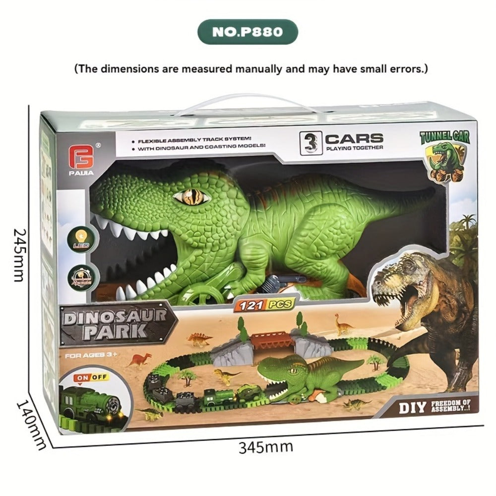 Electric Dinosaur Train Track Set 121pcs – Battery Powered Dino Swallowing Car Sliding Train Toy with Random Car Combinations for Boys Girls Kids Ages 3 4 5 6+