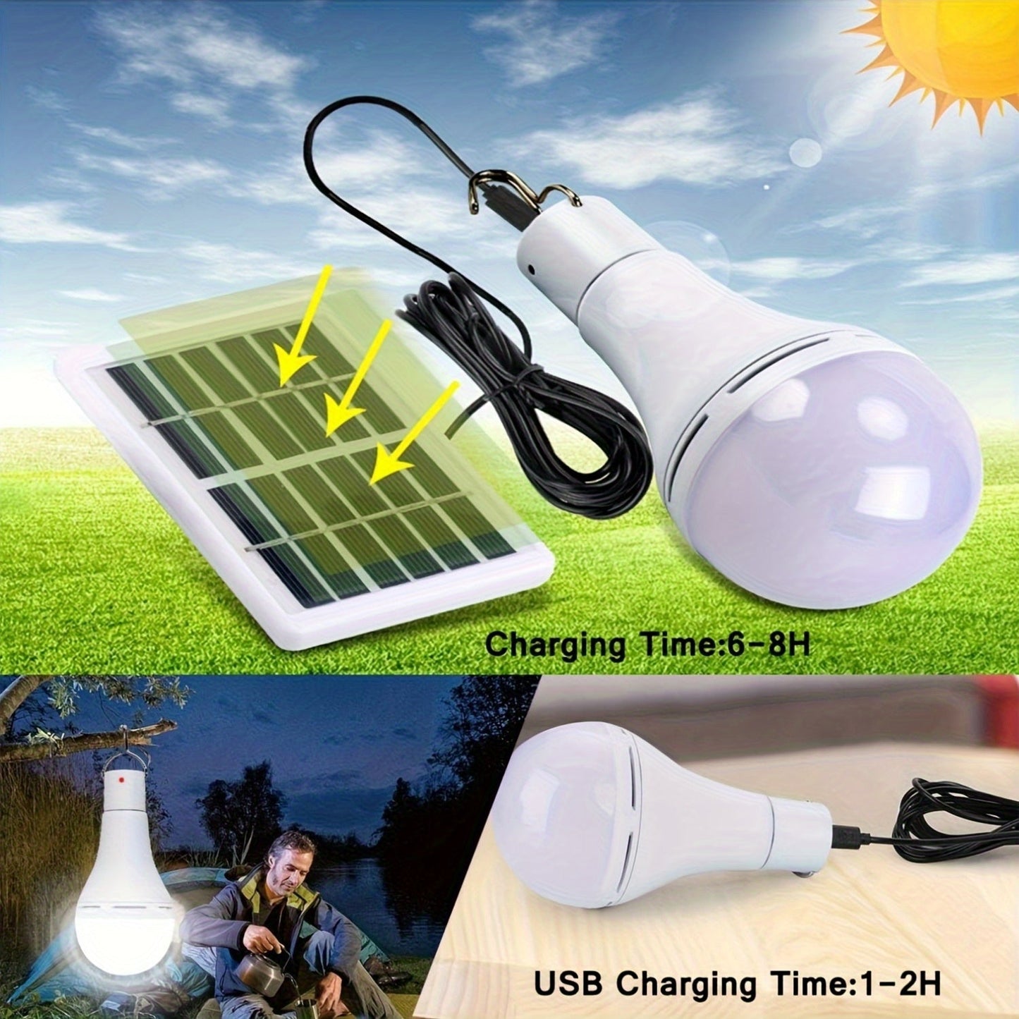 Solar Light Bulbs 2 Pack Campsite Outdoor – Remote Control Timer, 4 Modes 300LM, Light Sensor Auto On/Off, Solar & USB Rechargeable – Shed, Chicken Coop, Emergency & Camping Light