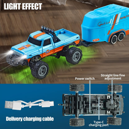 Mini RC Off-Road Truck with Trailer 1:64 Scale Die-Cast Remote Control Car – 2.4GHz Climbing Vehicle with Lights Rechargeable Adjustable Speed | Pocket-Sized RC Toy for Boys | Best Birthday Christmas Gift