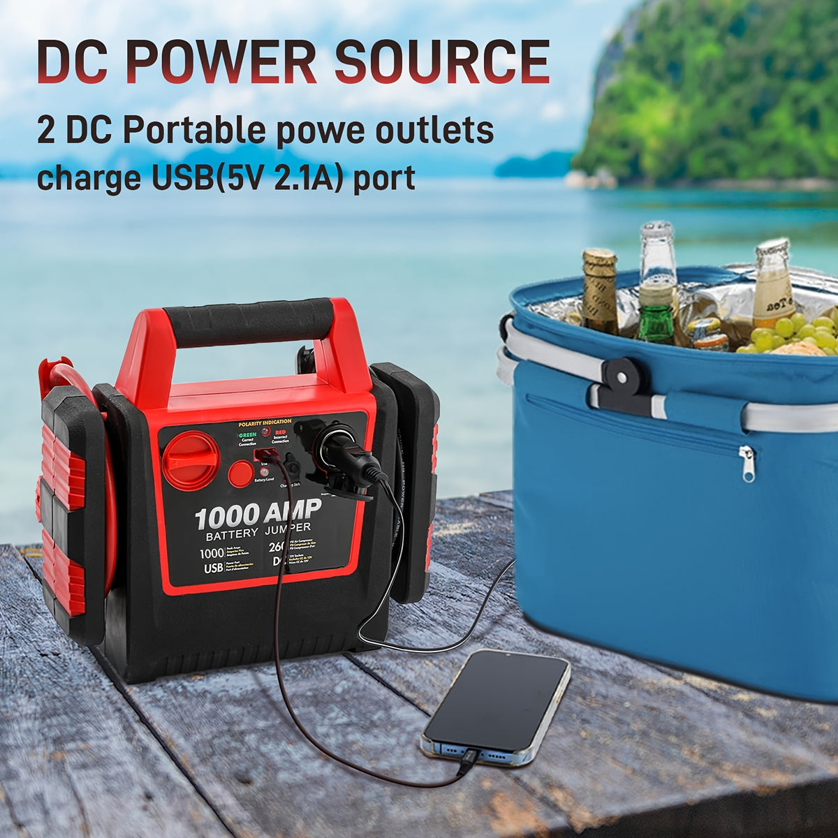 Car Jump Starter, Portable Air Compressor, 12000 Mah Portable Power Station, 12V DC Ports USB Port, 260PSI Tire Inflator, Emergency LED Light, Includes Jumper Cables