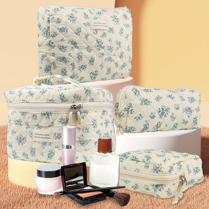 Quilted Makeup Bag Set 4-Piece Floral Rose Coquette Aesthetic Premium Cotton Cosmetic Organizer Travel Toiletry Pouch 4 Sizes for Women Girls Vanity Bathroom Gift