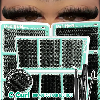 Lash Clusters Kit 708Pcs with Tweezers, Glue & Brush – Soft Silky Fiber False Eyelashes Full Voluminous DIY Lash Extension Set for Party, Wedding, Bridal & Daily Makeup, Beginner to Pro