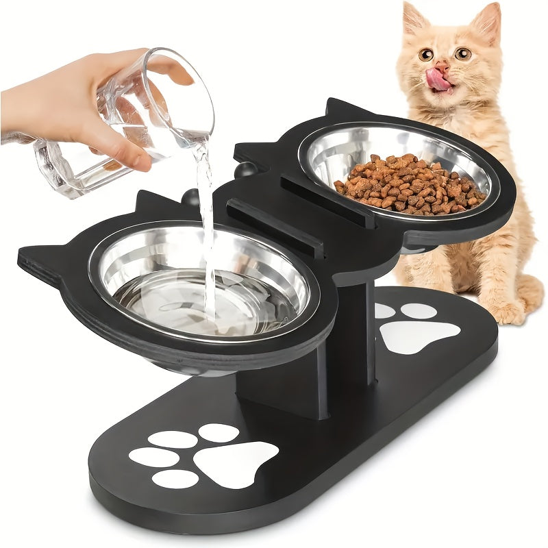 Elevated Cat Bowl – Adjustable Height Stainless Steel Raised Feeder with Anti-Spill Black Wooden Base, Indoor Food & Water Dish for Cats & Small Dogs
