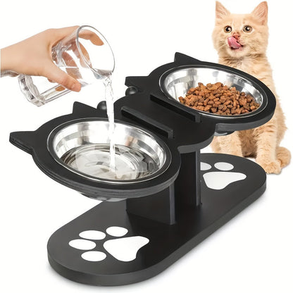 Elevated Cat Bowl – Adjustable Height Stainless Steel Raised Feeder with Anti-Spill Black Wooden Base, Indoor Food & Water Dish for Cats & Small Dogs
