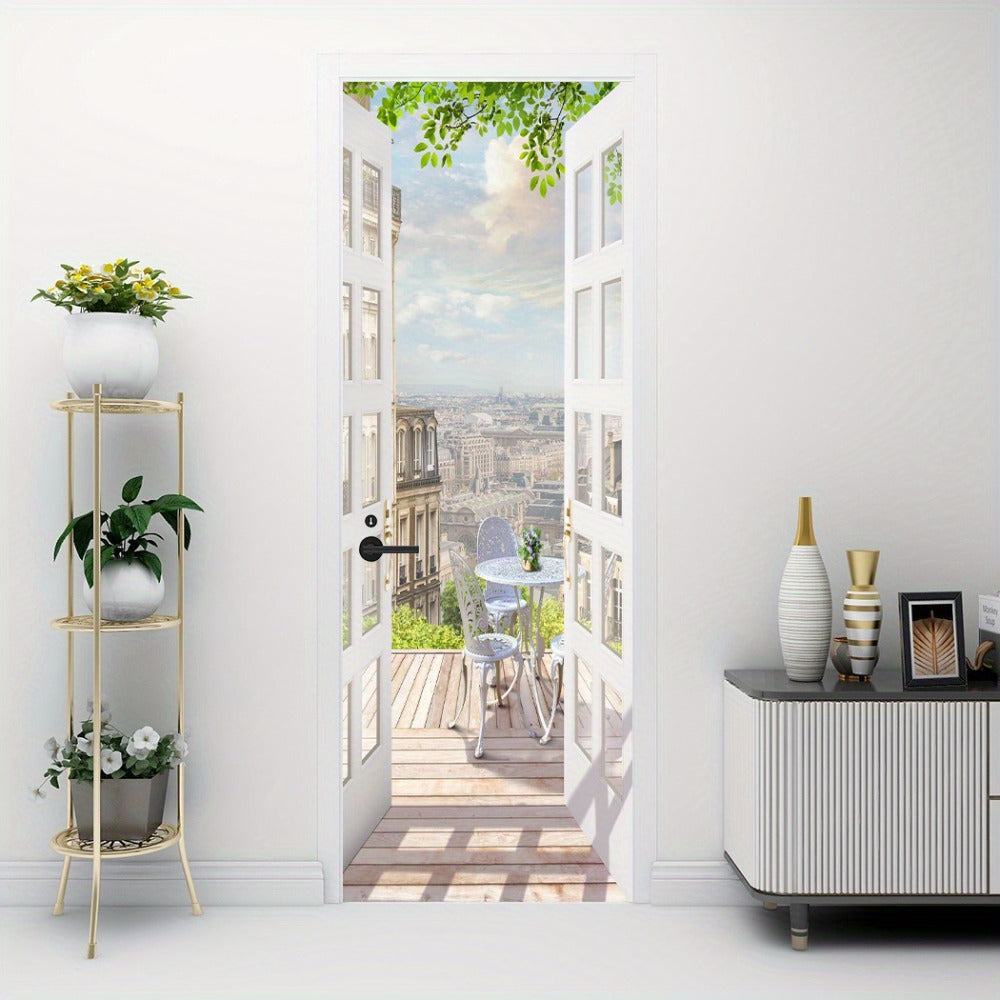 Door Sticker Balcony Scenery Wall Mural – Removable Waterproof Peel & Stick Large Wall Art for Bedroom & Living Room, Faux Window View Home Decor, 35.43 x 78.74 Inches