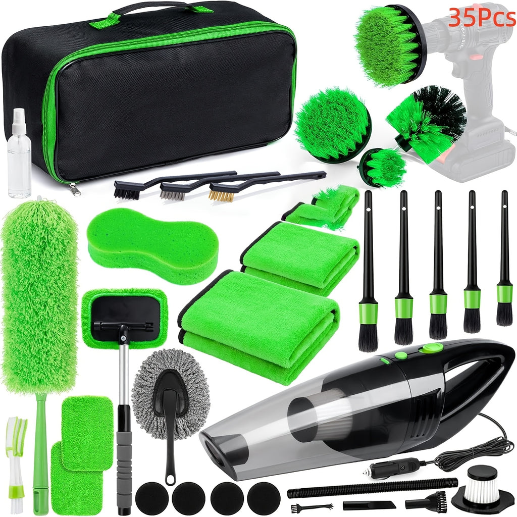 FCLUSLL 17/24/29/32/35pcs Car Cleaning Kit, Including Portable Vacuum Cleaner, Windshield Cleaning Tool, Car Drill Brush Set, Interior Brush Set, Full Interior Care Set, Cleaning Set, Holiday Gift for Family And Friends
