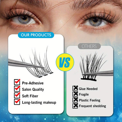 Pre-Glued Wispy Press-On Lash Clusters Kit with 2 Tweezers — Self-Adhesive No Glue Needed, Natural & Thick Fluffy Volume, Reusable Beginner-Friendly Individual Cluster Eyelashes for Daily Wear