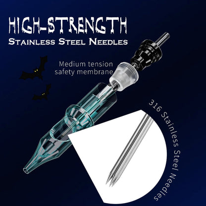 EO Sterilized Tattoo Cartridge Needles 50pcs Mixed Sizes 3RL 5RL 7RL 9RL 5RS 7RS 9RM 15RM 7M1 15M1 - Anti-Backflow Membrane Round Liner Shader Magnum for Tattoo Machine Pen & Body Art