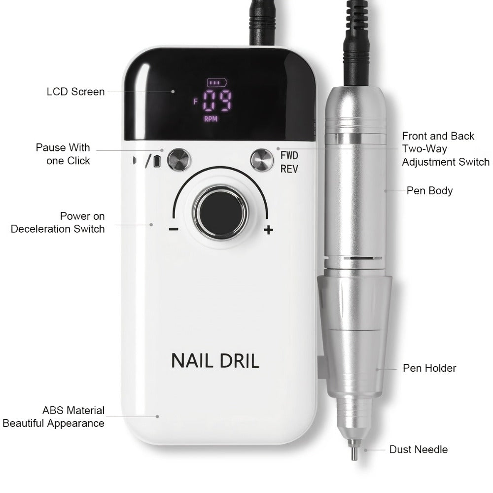 Nail Drill Machine 45000RPM Forward Reverse Rotation Rechargeable with LCD Display Low Noise Electric Nail File for Gel Polish Removal Acrylic Nails Manicure Pedicure Home Salon White Pink Black Purple