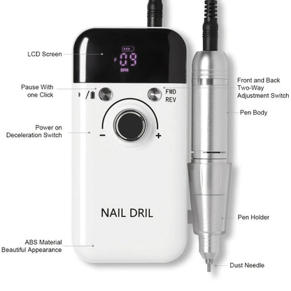 Nail Drill Machine 45000RPM Forward Reverse Rotation Rechargeable with LCD Display Low Noise Electric Nail File for Gel Polish Removal Acrylic Nails Manicure Pedicure Home Salon White Pink Black Purple