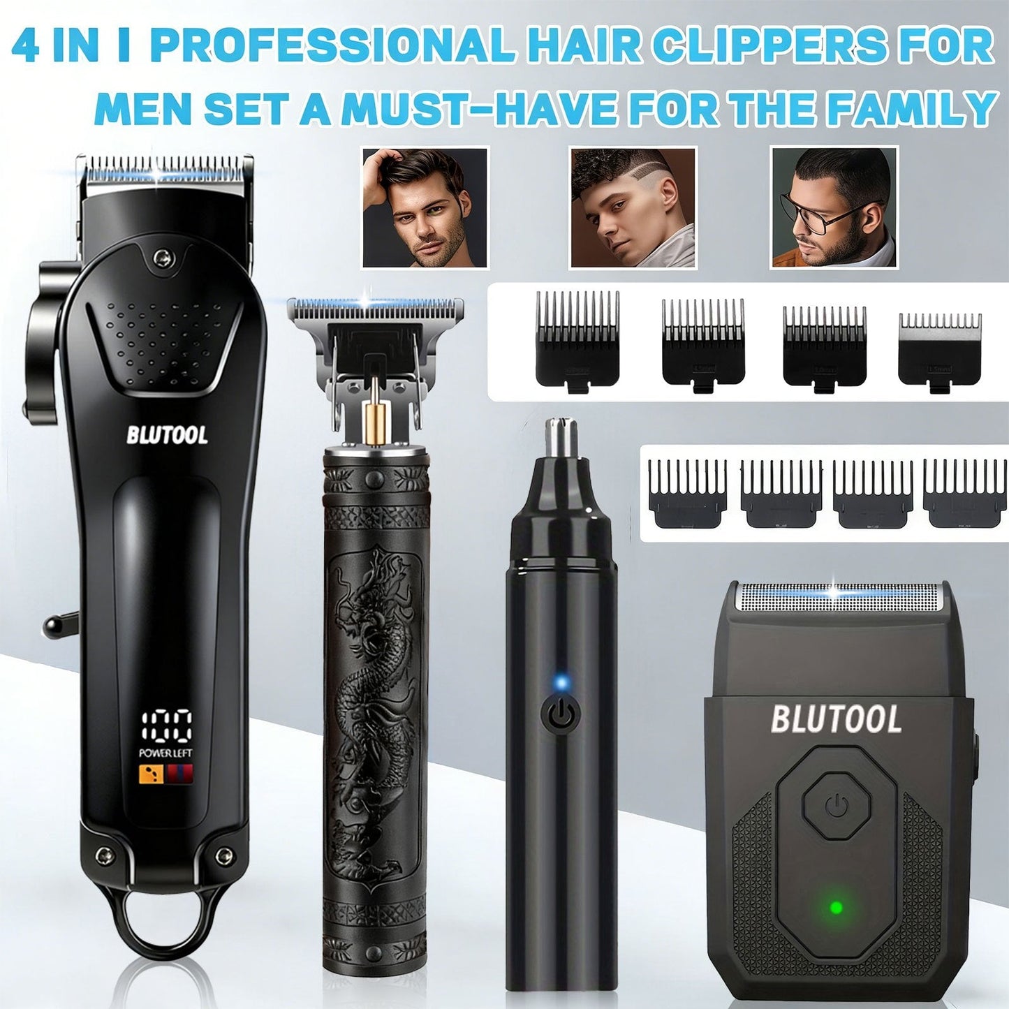 Hair Clipper & Trimmer Set 4-Piece for Men — Professional Barber Kit with Nose Trimmer, Detail Trimmer, Guide Comb, LED Display & USB Rechargeable, Home & Travel Grooming Gift