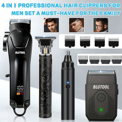 Hair Clipper & Trimmer Set 4-Piece for Men — Professional Barber Kit with Nose Trimmer, Detail Trimmer, Guide Comb, LED Display & USB Rechargeable, Home & Travel Grooming Gift