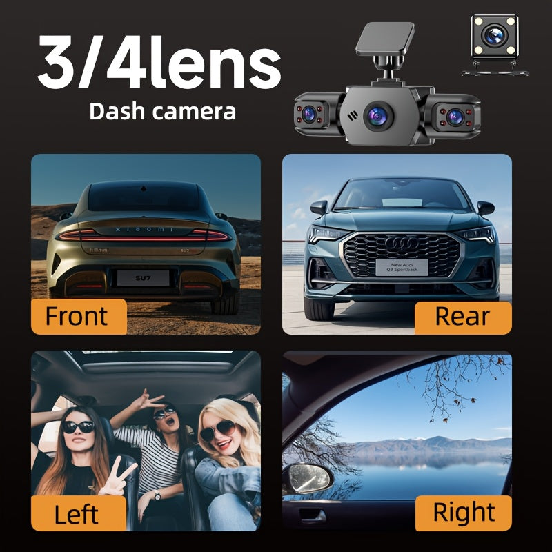 AXH 360° Panoramic 3/4-Lens Quad Dash Cam with Dual Front and Rear 1080P Cameras, Suitable for Cars, 4-Channel (Front/Rear/Left/Right), with 3.16-inch IPS Display, Night Vision, Loop Recording, 24-Hour Parking Monitoring, G-Sensor/Motion Detection