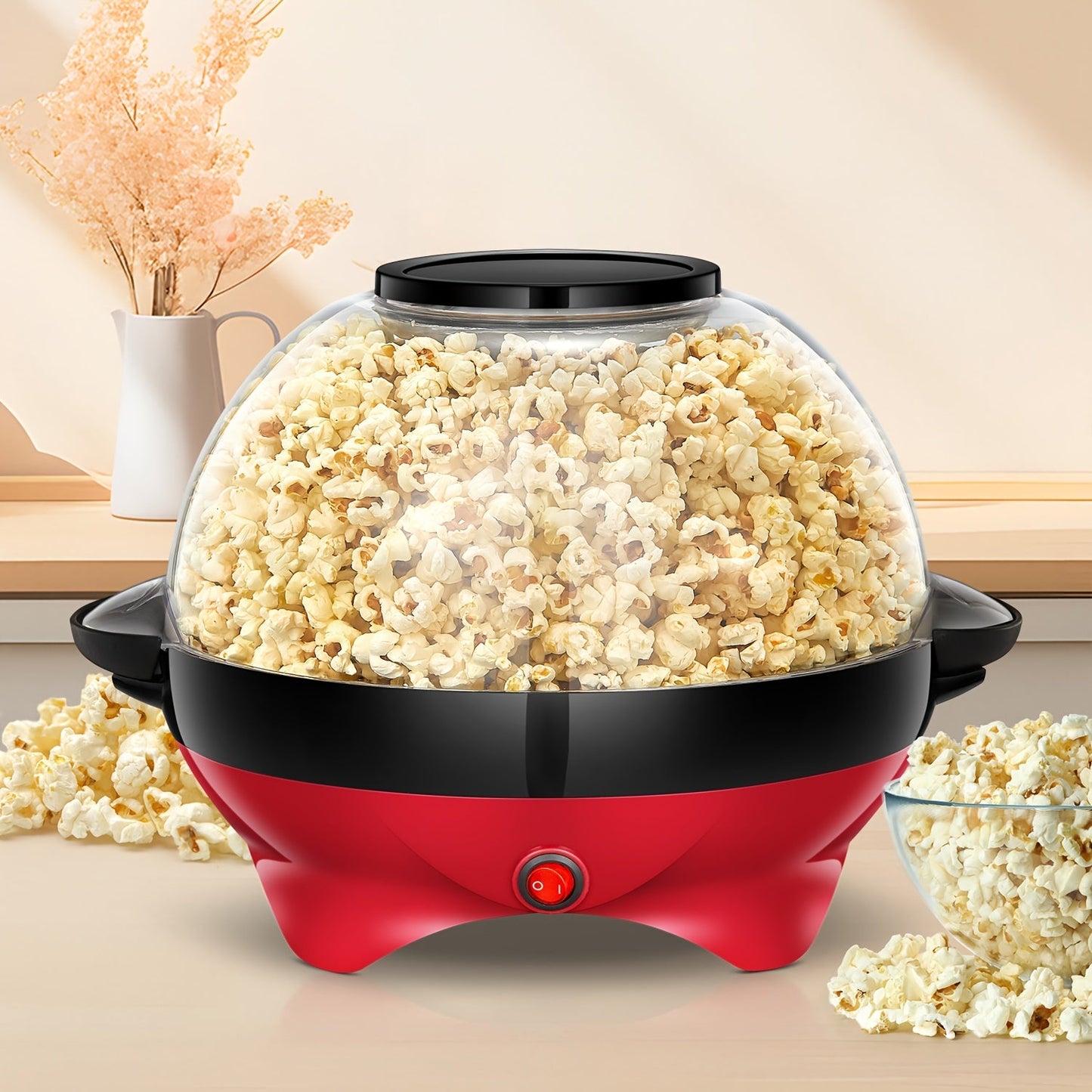 Popcorn Machine 800W Electric Stirring Popcorn Maker – 6-Quart Non-Stick Plate, Quick-Heat Technology, Cool-Touch Handles, 2-in-1 Lid & Bowl for Home Movie Night