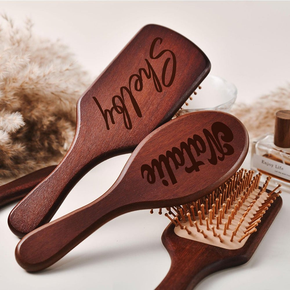 Personalized Engraved Wooden Hairbrush Custom Curly Styling Brush Square Oval Shape Gift for Women Men Wedding Bridesmaid Groomsmen Birthday Christmas Thanksgiving Halloween Holiday
