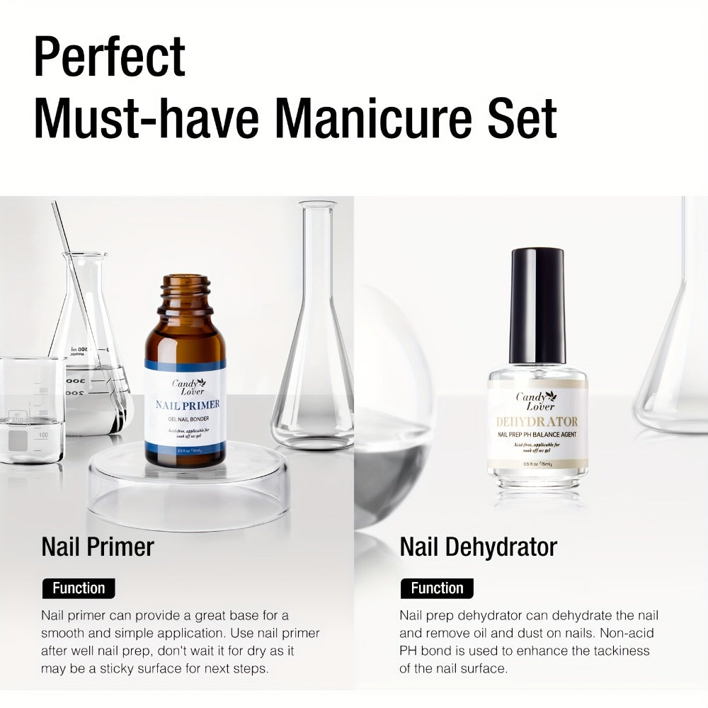 Gel Nail Dehydrator & Primer Kit 4-Piece - Nail Prep Dehydrator, Bonding Primer, Gel Base Coat & Top Coat for Long-Lasting Chip-Free Gel Nails, Home DIY & Salon Use