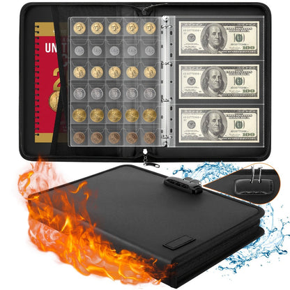 300-Pocket Coin Collection Book with Lock - Fireproof Holder, 72 Currency Sleeves, Coin Organizer Album for Pennies, Bills & Stamps | Complete Collector Supplies Set - Black