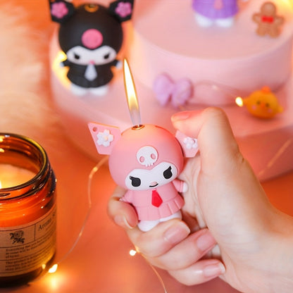 3D Kawaii Anime Figure Lighter with Chain, Cute Kuromi Sanrio Cartoon Open Flame Butane Lighter, Unique Kawaii Gift for Anime Fans, Available in 3 Colors – Black, Purple & Pink (No Butane Included)
