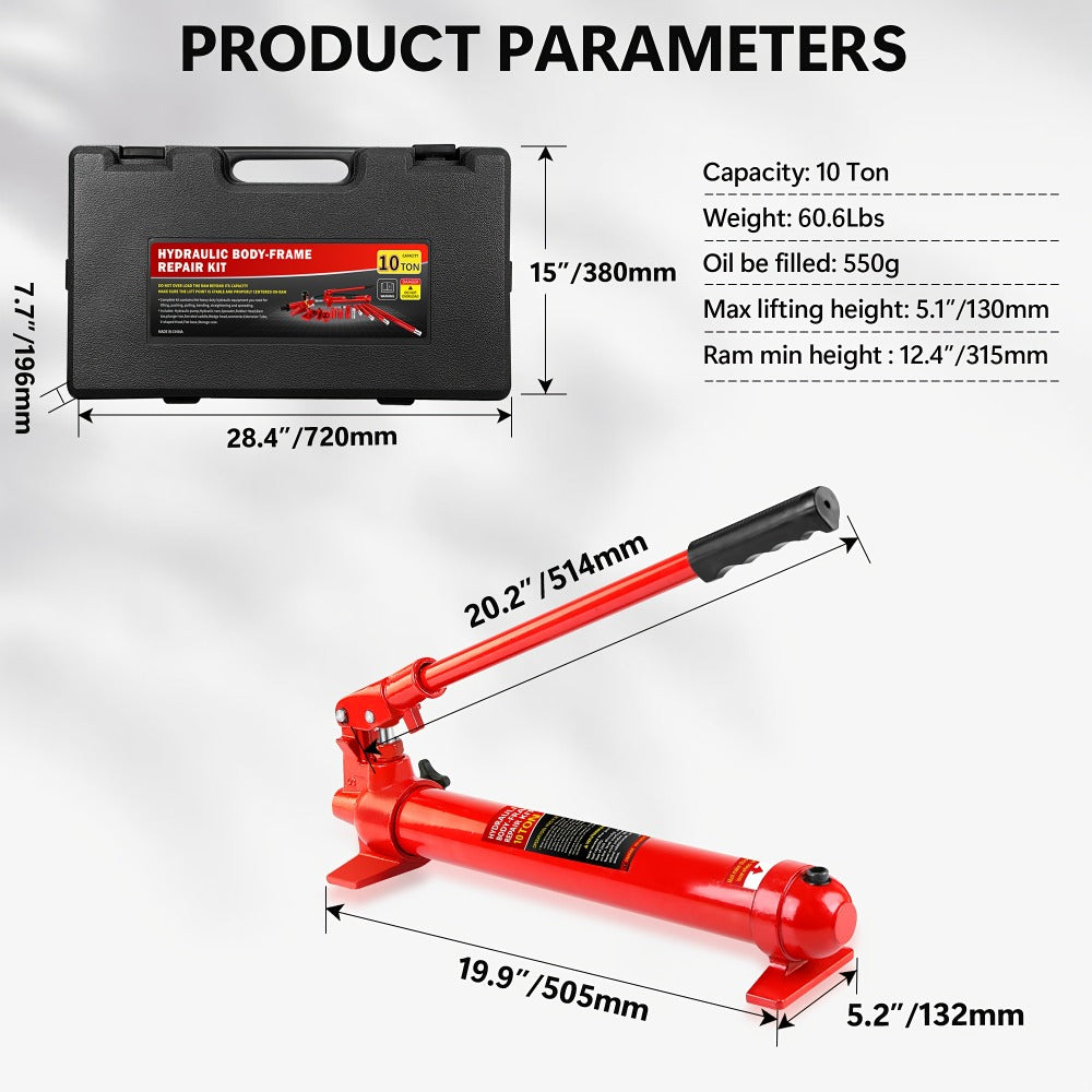 Porta Power Hydraulic Jack Kit 4 / 10 / 20 Ton, High Carbon Steel Body Repair Ram Set for Pulling Pushing Lifting Bending Straightening, Auto Overload Protection, Cars Trucks Farm Equipment, with Case