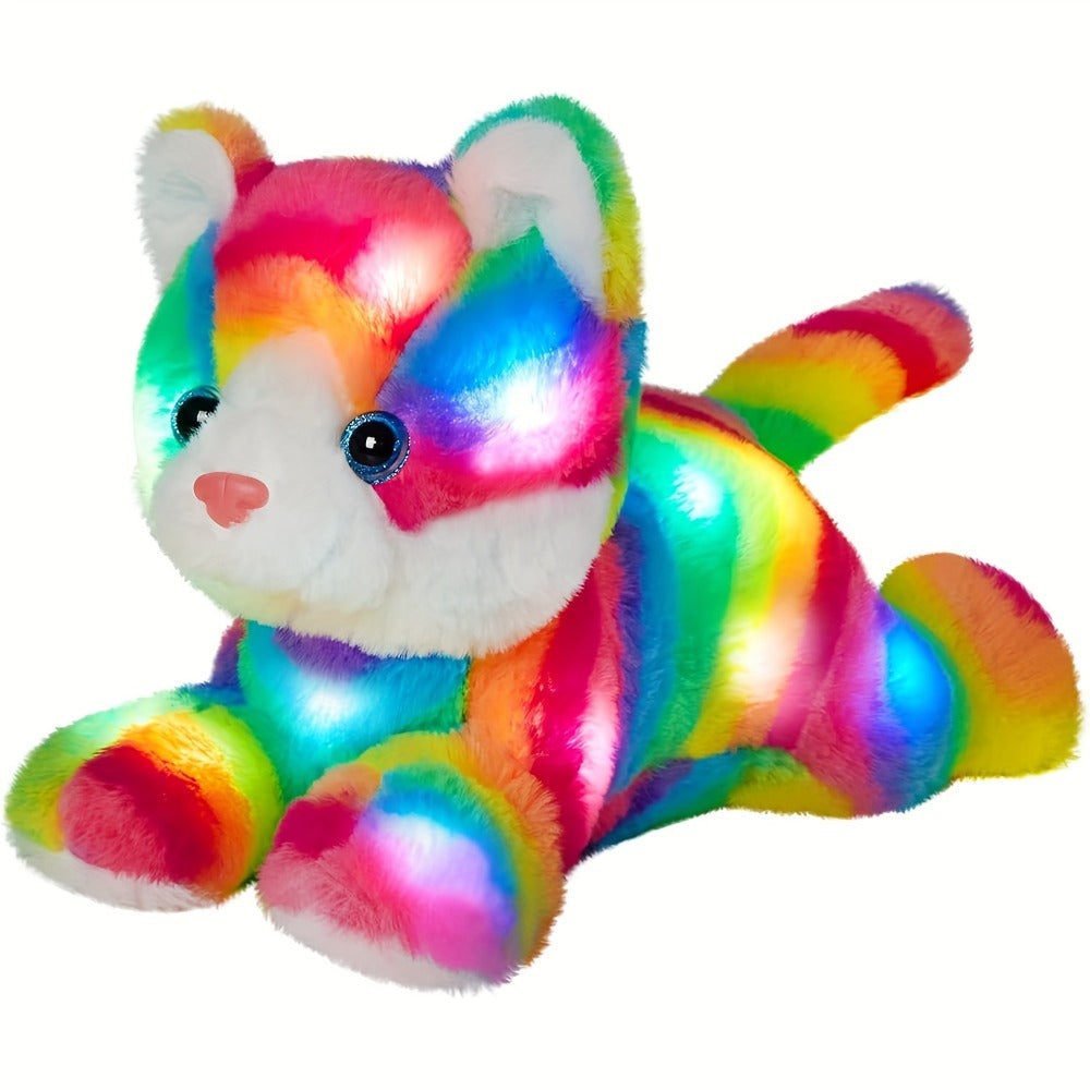 Glowing Rainbow Cat Stuffed Animal Plush Toy — Colorful LED Light Up Musical Soft Plush Kitten Doll for Kids Girls Boys | Birthday Christmas New Year Party Gift | Room & Party Decor