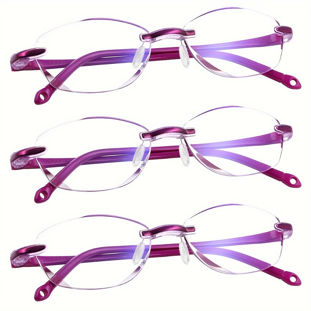 Rimless Reading Glasses for Women 3 Pack - Blue Light Blocking Lightweight Metal Frameless Readers with Anti Eyestrain Lenses, Multiple Colors and Magnifications 1.0X to 4.0X