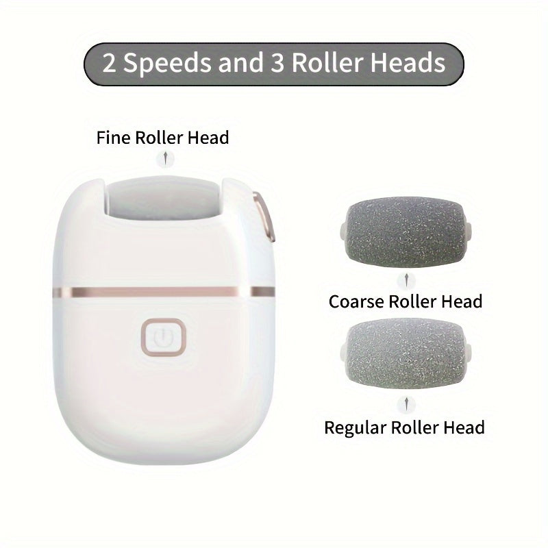 Electric Foot Callus Remover Rechargeable with 2 Roller Heads - Portable Dead Skin Scrubber Pedicure Tool for Smooth Soft Feet Cracked Heel Repair Home Professional Foot Care Kit, White