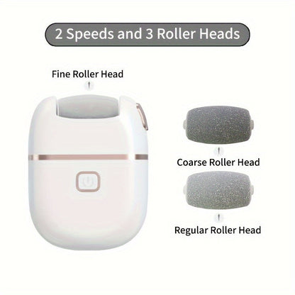 Electric Foot Callus Remover Rechargeable with 2 Roller Heads - Portable Dead Skin Scrubber Pedicure Tool for Smooth Soft Feet Cracked Heel Repair Home Professional Foot Care Kit, White
