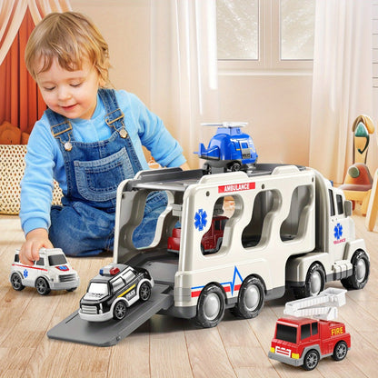 Ambulance Truck Toy 5-in-1 Carrier Set with Lights & Sounds – Friction Power Emergency Vehicle Playset for Kids Boys Ages 3+, Birthday Gift