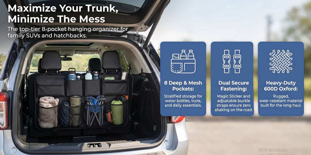Car Trunk Organizer, Backseat Hanging Organizer with 8 Large Storage Bag Super Capacity -Trunk Organizer for SUV, Truck, Van -Your Space Saving Expert Car Accessories for Womenpurse Holder for Car