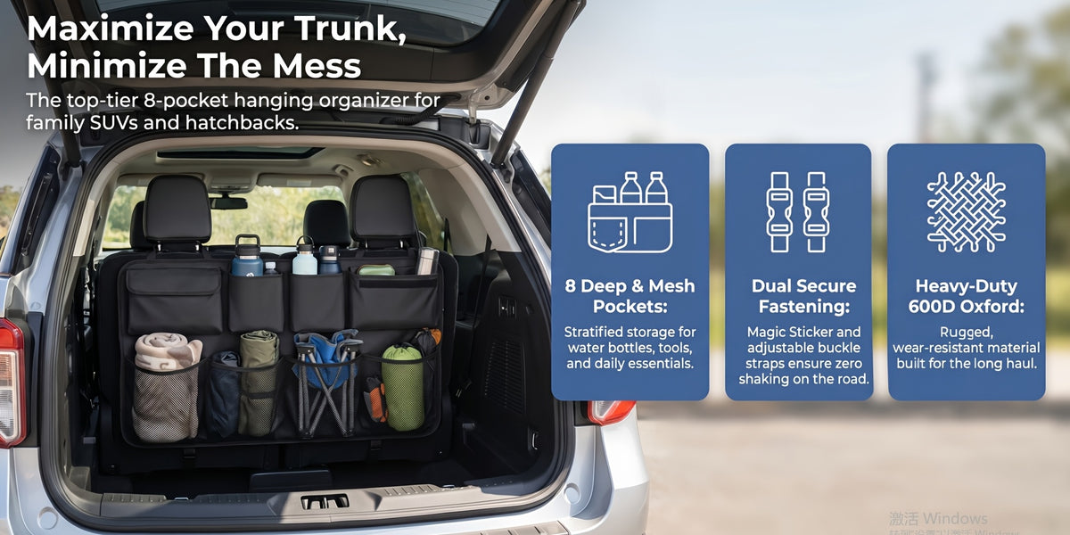 Car Trunk Organizer, Backseat Hanging Organizer with 8 Large Storage Bag Super Capacity -Trunk Organizer for SUV, Truck, Van -Your Space Saving Expert Car Accessories for Womenpurse Holder for Car