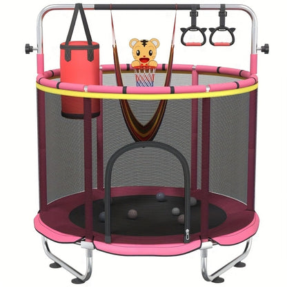 60 Inch Trampoline with Enclosure and Gymnastics Bar – 440 Lbs Capacity Height Adjustable Indoor Outdoor Round Trampoline with Toys for Kids | Best Birthday Gift for Boys and Girls