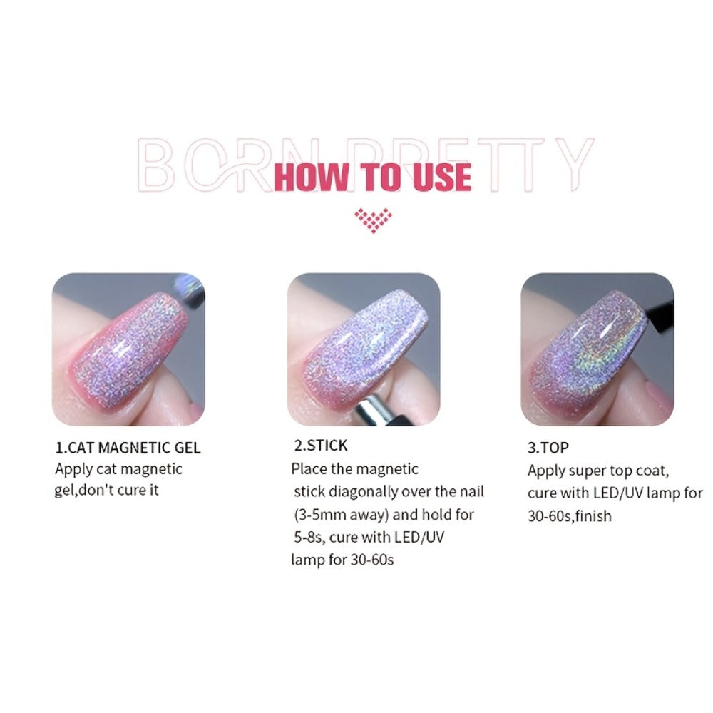 Cat Eye Magnetic Gel Nail Polish Set BORN PRETTY Nude Golden Glitter 2 Colors Ultra Shine Semi-Permanent UV LED Soak Off Long Lasting 30 Days 0.34oz Each for Women Nail Art